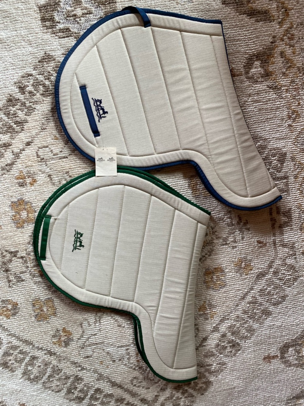 Hermes Cream Saddle Pads with Blue and Green Trim Pair